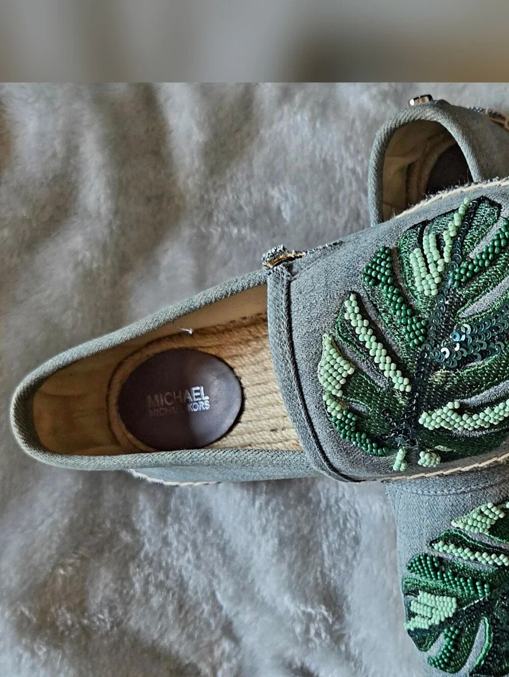 Michael Kors Gray Canvas Espadrilles with Green Leaf Bead Embroidery